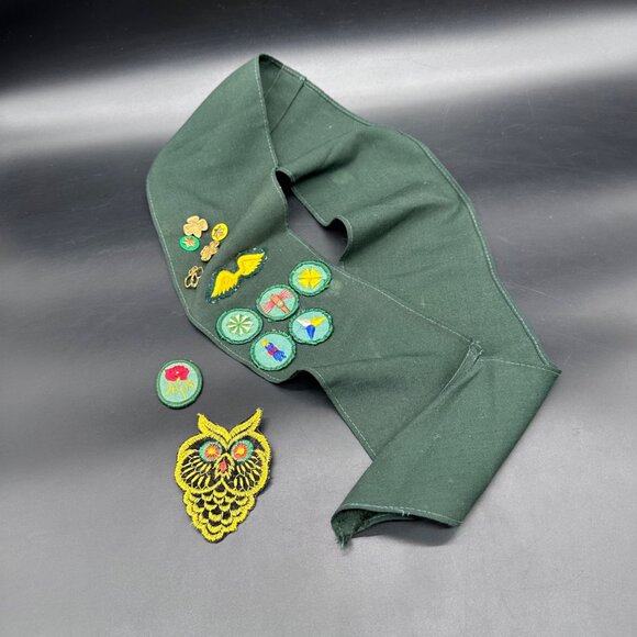 Girl Scouts Other - Vintage Girl Scout Sash 1960s Patches Pins Badges Green Fabric Mid Century Retro